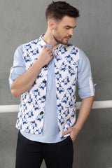 White Blue Flower Print Linen Cerulean Nehru Modi Jacket | Yellwithus