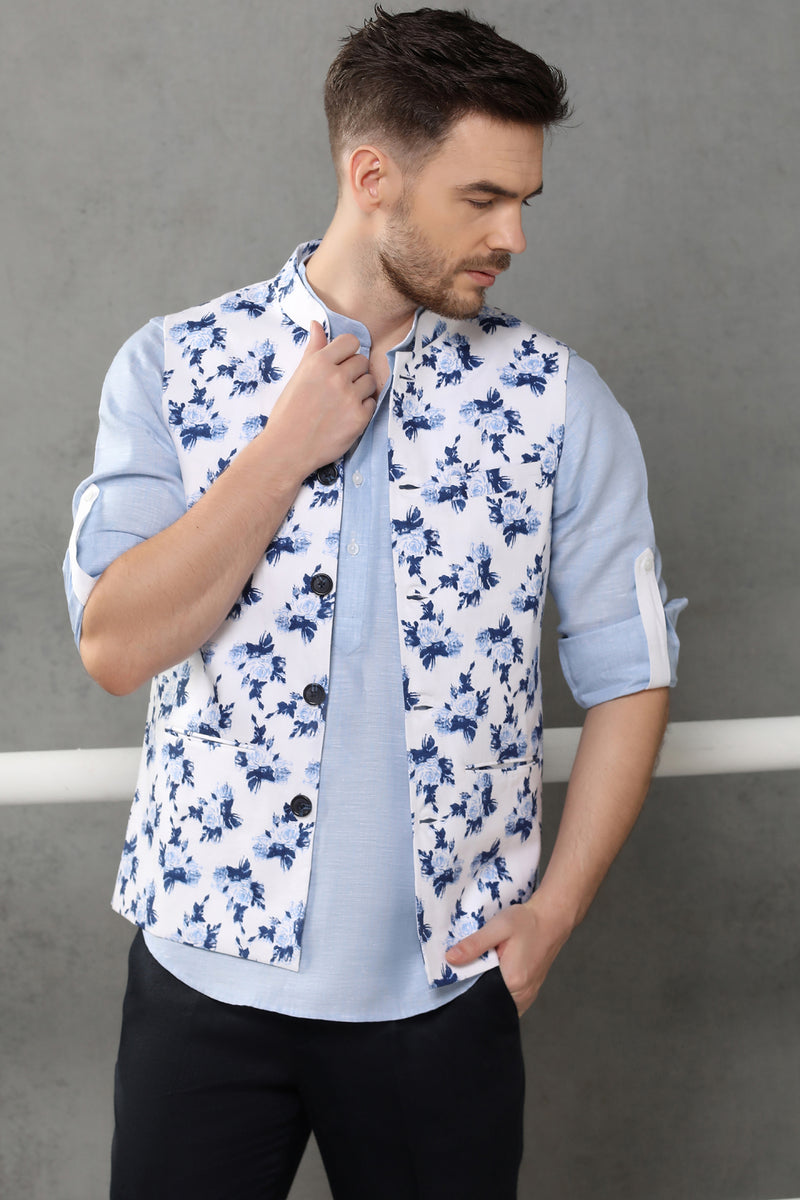 White Blue Flower Print Linen Cerulean Nehru Modi Jacket | Yellwithus