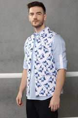 White Blue Flower Print Linen Cerulean Nehru Modi Jacket | Yellwithus