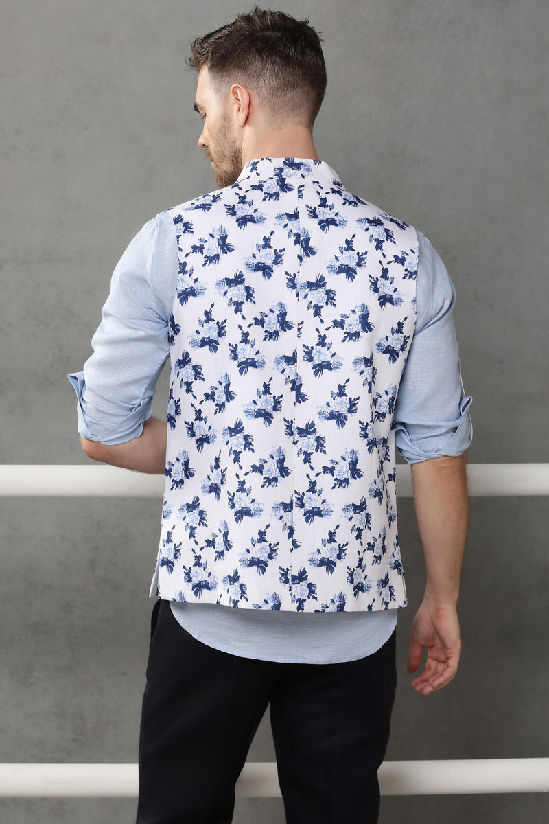 White Blue Flower Print Linen Cerulean Nehru Modi Jacket | Yellwithus