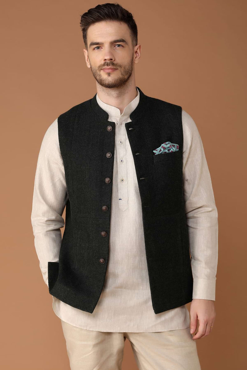 The Serious Business Green Wool Herringbone Linen Nehru Jacket