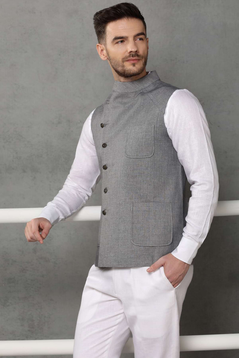 The Twist Gray Linen Nehru Jacket