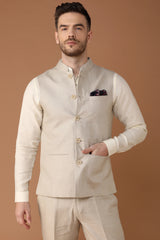 Vintage Natural Herringbone Nehru Jacket for Men - Yellwithus.com