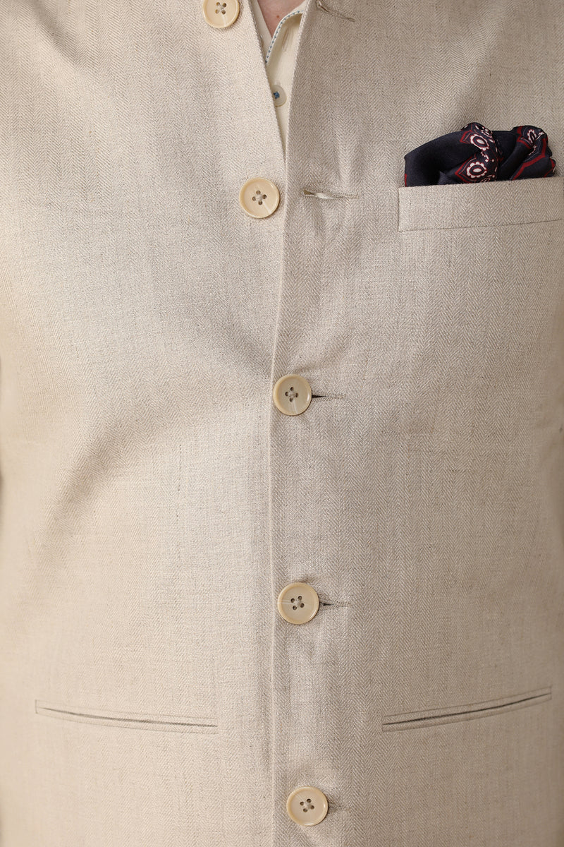 Vintage Natural Herringbone Nehru Jacket for Men - Yellwithus.com