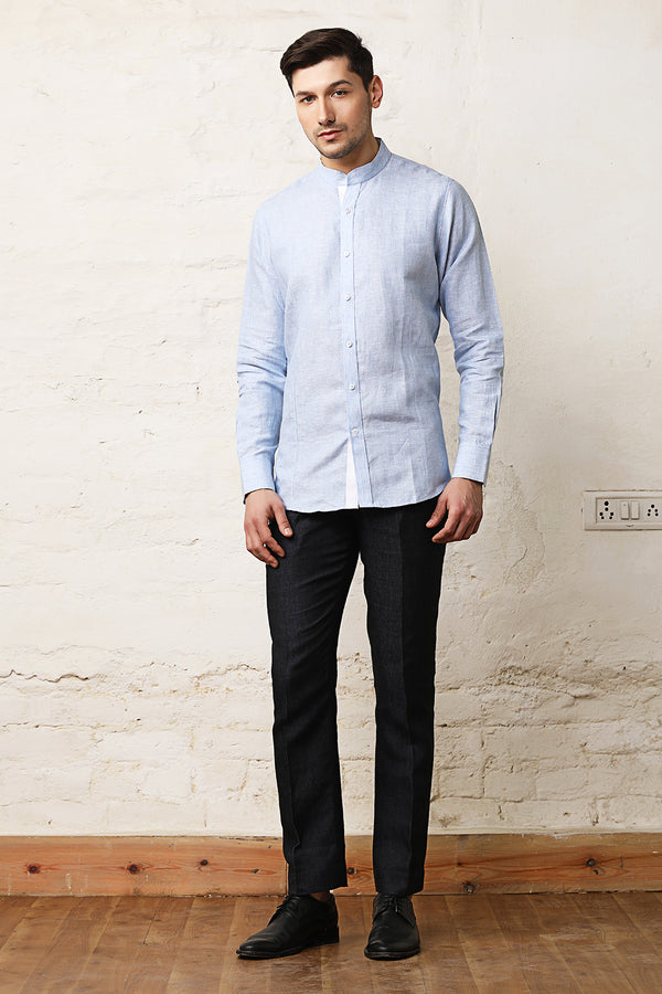 Nehru Collar Light Blue Linen Shirt - Yellwithus.com