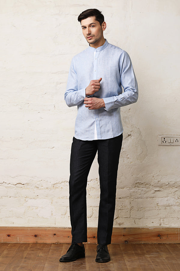 Nehru Collar Light Blue Linen Shirt - Yellwithus.com