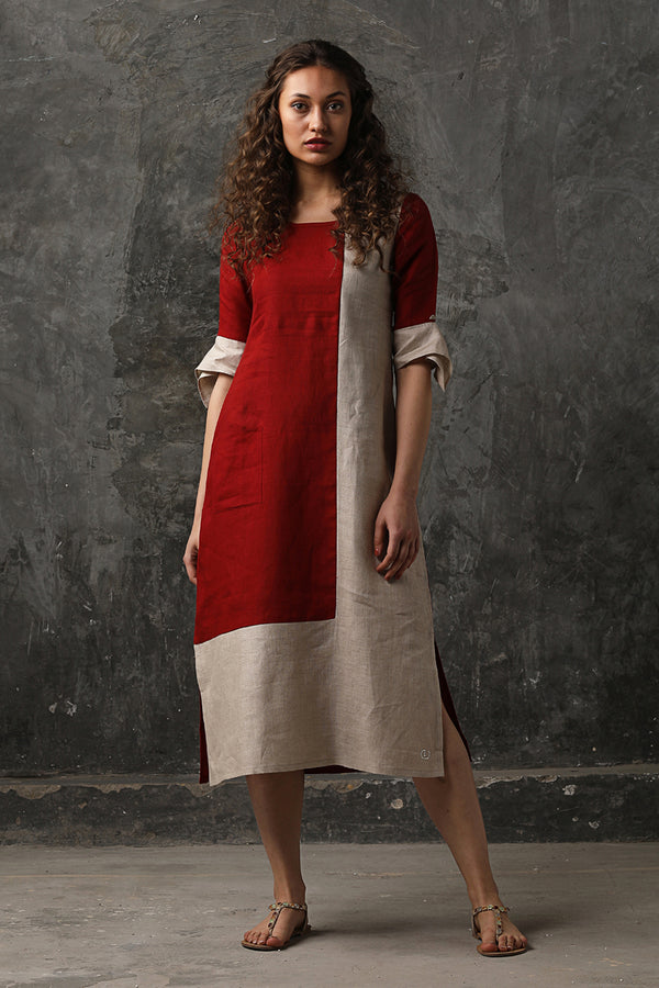 Beet Red L-Shape Colour Block Dress-Yellwithus.com