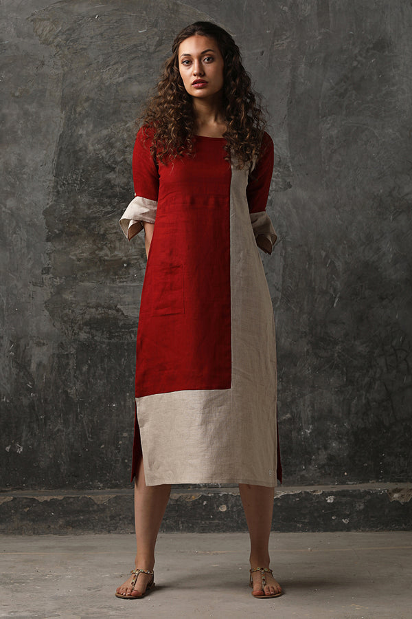Beet Red L-Shape Colour Block Dress-Yellwithus.com
