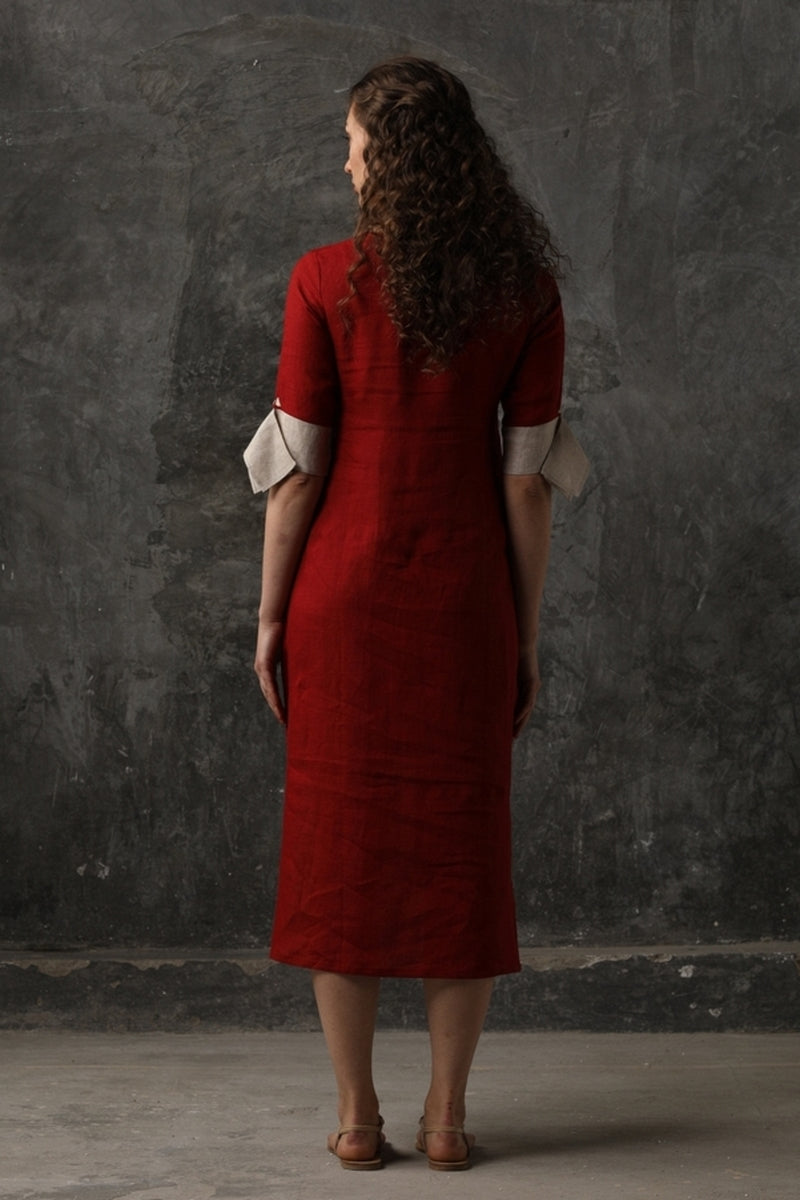 Beet Red L-Shape Colour Block Dress-Yellwithus.com