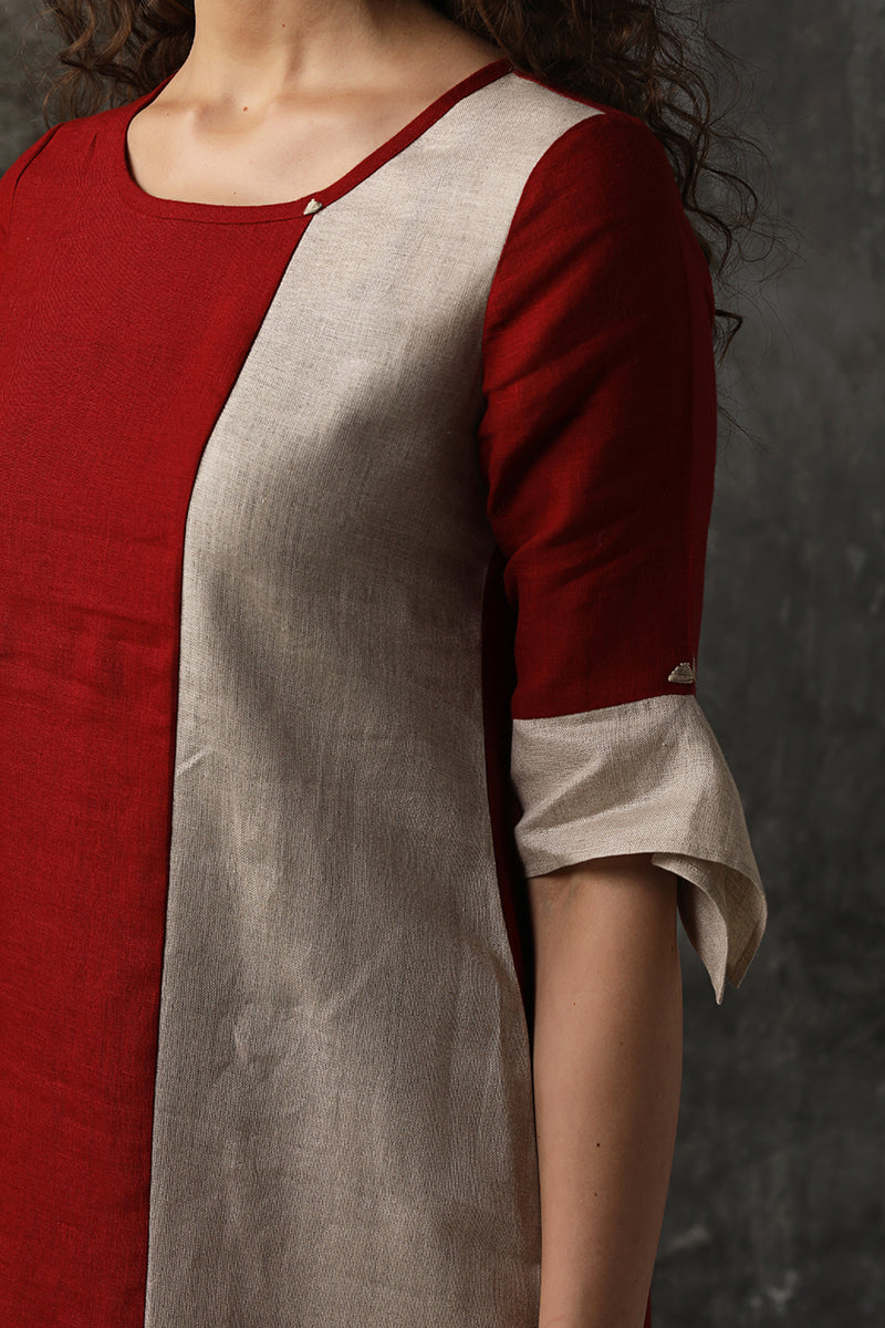 Beet Red L-Shape Colour Block Dress-Yellwithus.com