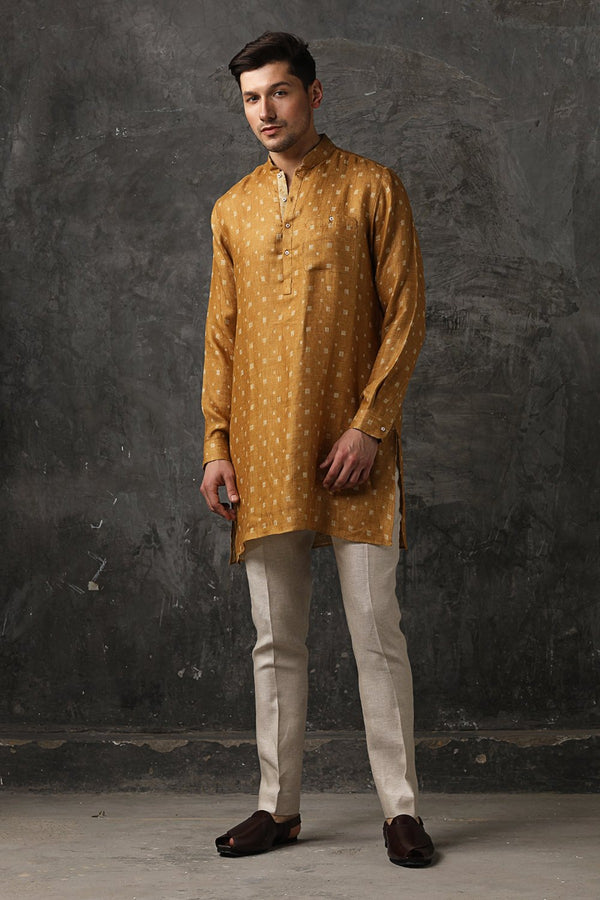 Printed Linen Kurta - Chinese Collar Gold Brown Kurta for Men | Yellwithus.com