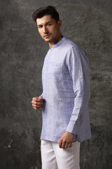 Urbane Printed Blue White Linen Kurta for Man - Yellwithus.com