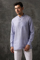 Urbane Printed Blue White Linen Kurta for Man - Yellwithus.com